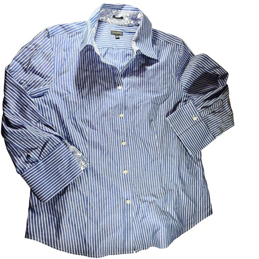 Talbots Shirt blouse Blue White Striped Button-up Sz14 Paisley Cuff nautical